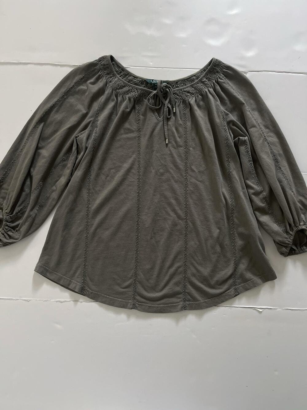 Lauren Ralph Lauren Blouse Womens PM Green Embroidered Scoop Neck Tunic Petite